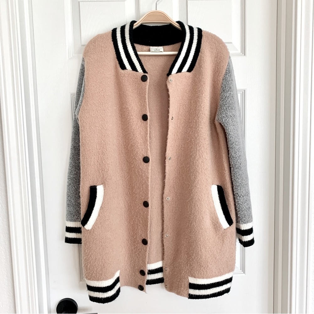 🩷 Dusty Rose Pink Varsity Long Knit Cardigan Sweater Coat